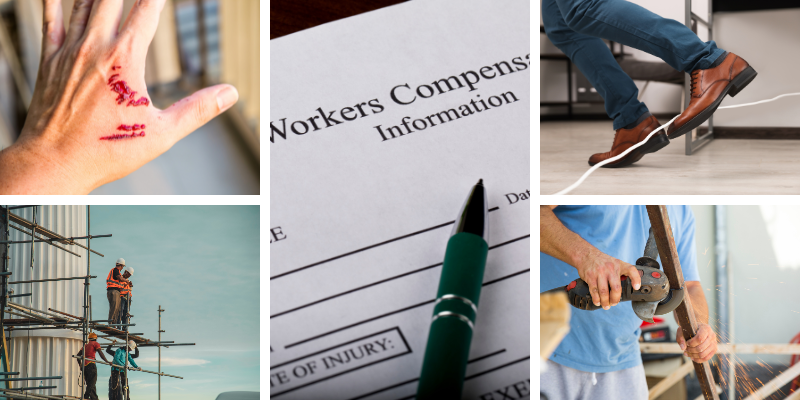 Collage depicting common workplace injuries covered by South Carolina workers' compensation, including a scraped hand,