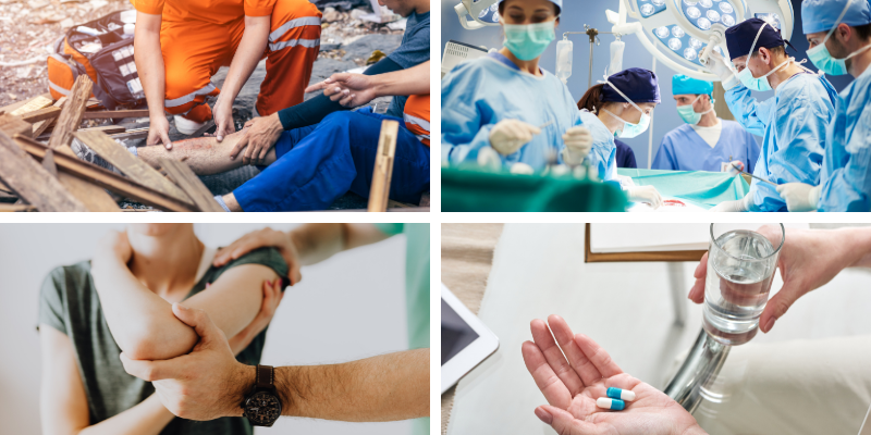 Collage depicting various workplace injuries covered under South Carolina workers' compensation, including construction accidents, medical