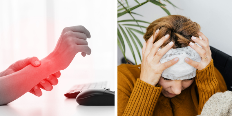 Injured worker experiencing pain in wrist and head, illustrating common workplace injuries covered under South