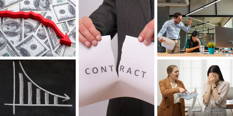 Collage depicting financial loss, contract termination, and workplace retaliation, illustrating legal challenges faced by injured