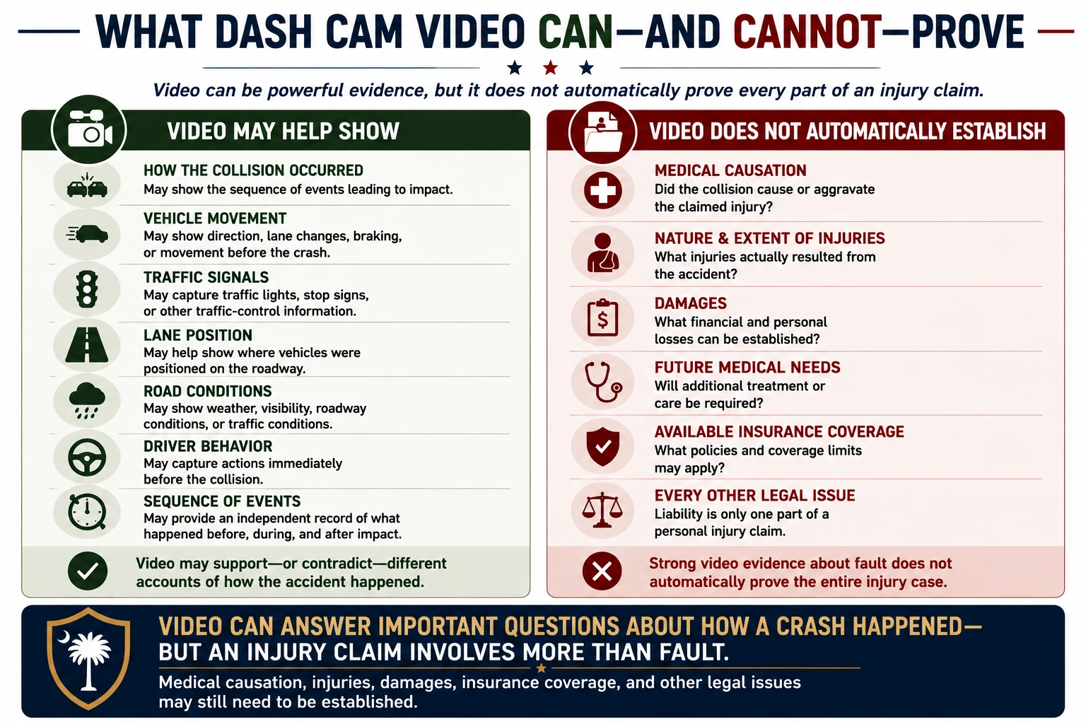 What dash cam video may show after a car accident, including the collision, vehicle movement, traffic signals, lane position and driver behavior, while not automatically proving medical causation, injuries, damages, future medical needs, or insurance coverage.