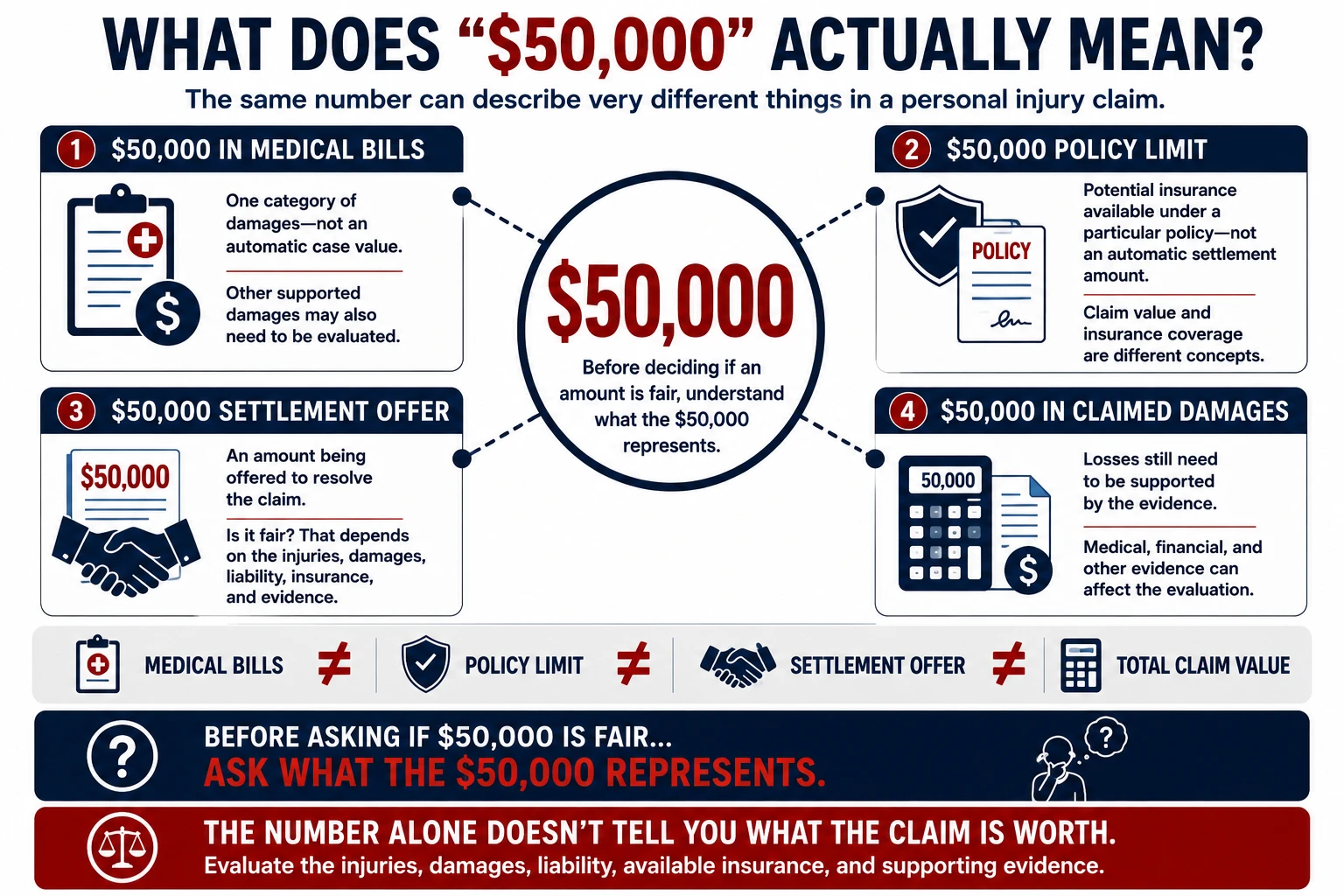 Personal injury claim graphic explaining that $50,000 could represent medical bills, an insurance policy limit, a settlement offer, or total claimed damages, and that these amounts are different from the overall value of a claim.