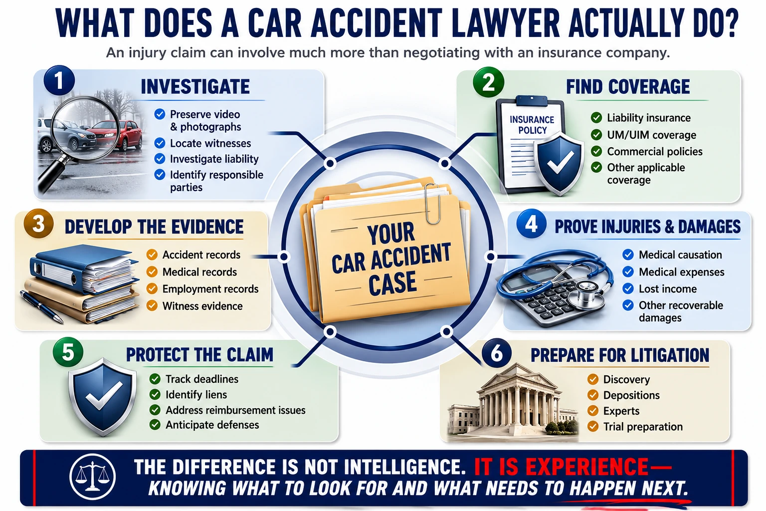 What a South Carolina car accident lawyer may do, including investigating the crash, finding insurance coverage, developing evidence, proving injuries and damages, protecting the claim, and preparing for litigation.
