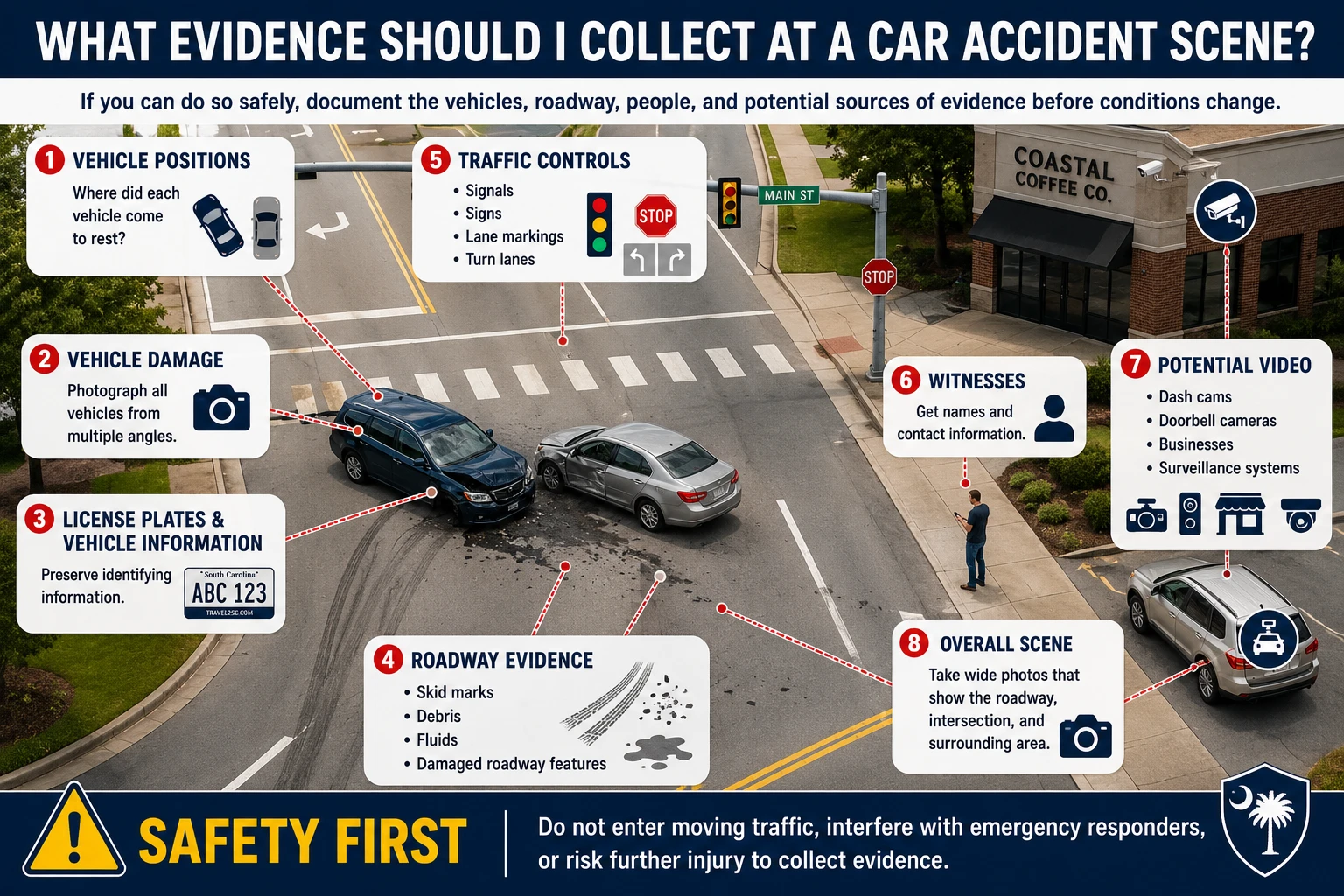 South Carolina car accident scene evidence checklist including vehicle photographs, license plates, insurance information, witnesses, vehicle positions, road conditions, skid marks, debris, traffic controls, and nearby cameras.