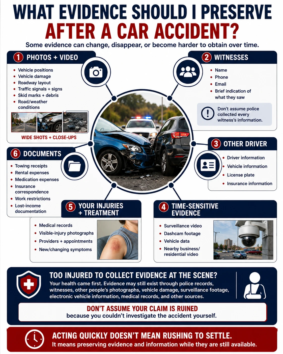 Car accident evidence to preserve, including photos and video, witness information, other driver and insurance details, surveillance or dashcam footage, vehicle data, medical and treatment records, towing and rental receipts, insurance correspondence, work restrictions, and lost-income documentation.