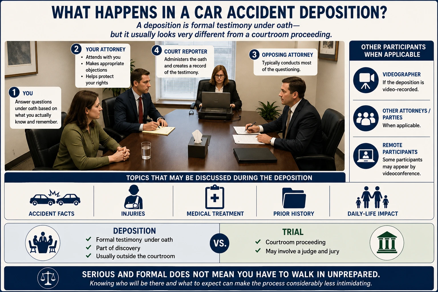 Car accident deposition showing the witness, their attorney, opposing attorney, and court reporter, with possible additional participants such as a videographer, other attorneys, and remote participants.