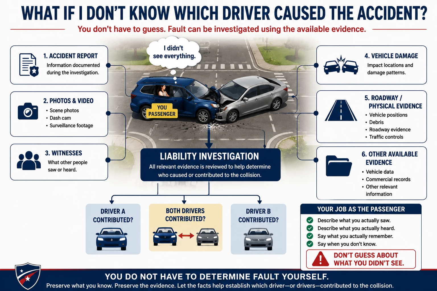 Passenger accident liability investigation using the accident report, photos and video, witnesses, vehicle damage, roadway evidence, vehicle data, commercial records, and other evidence to determine which driver or drivers contributed to the collision.