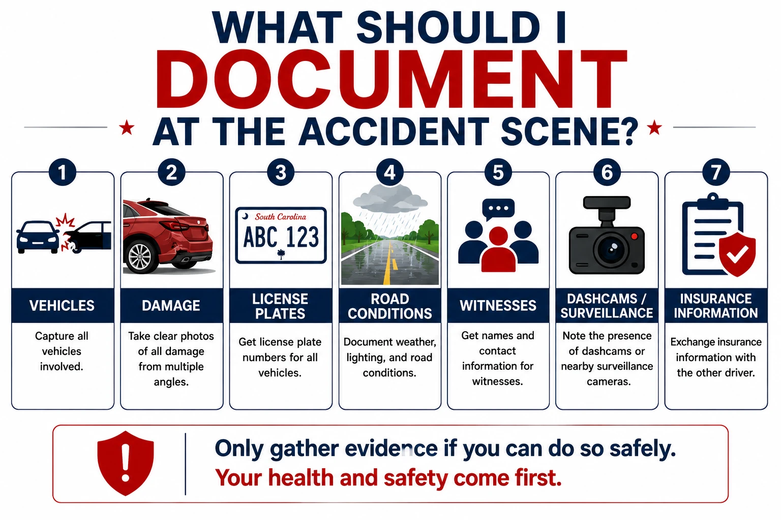 What to document at a car accident scene, including the vehicles, damage, license plates, road conditions, witnesses, dashcams or surveillance cameras, and insurance information.