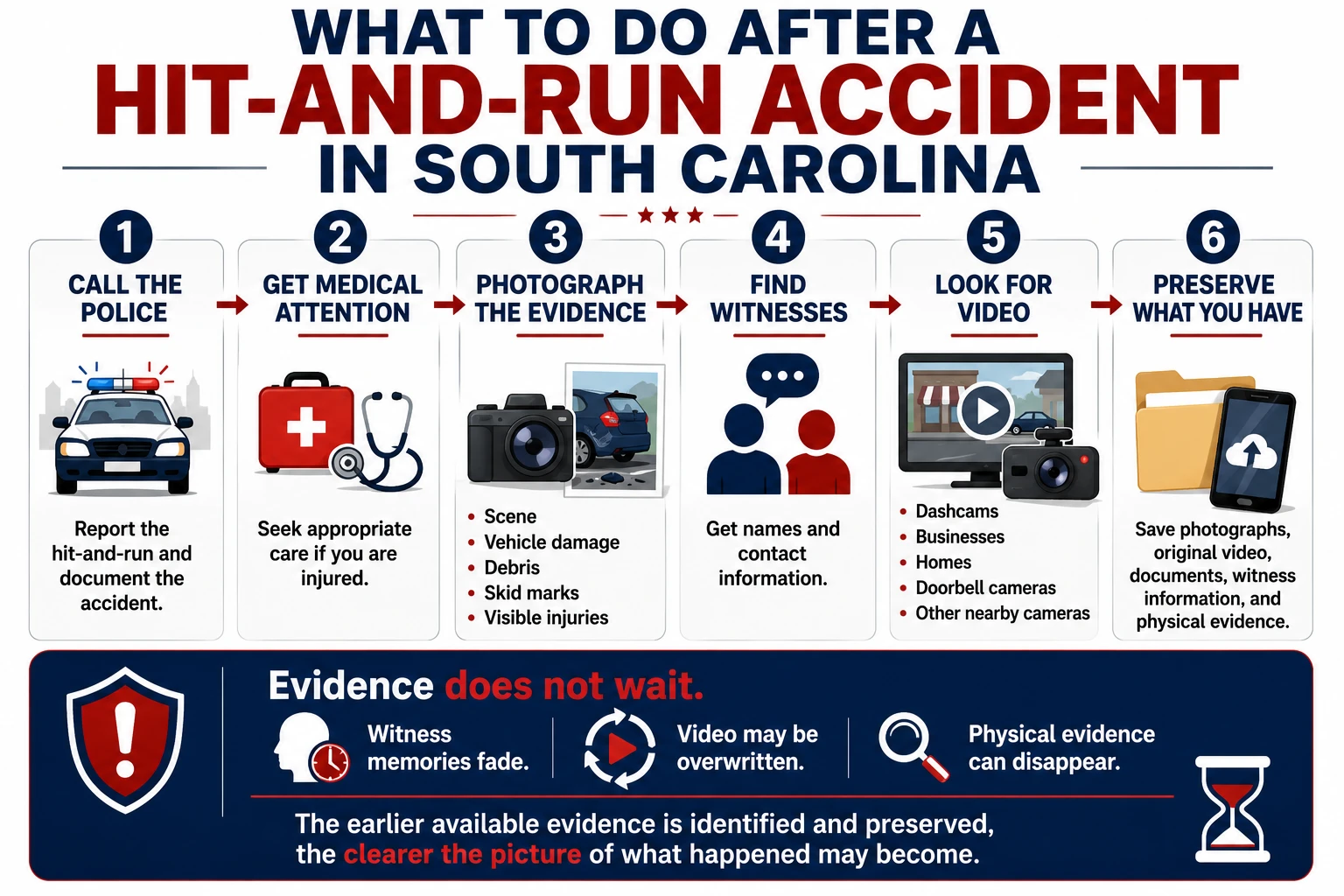 Steps to take after a hit-and-run accident in South Carolina, including calling police, seeking medical attention, photographing evidence, finding witnesses, looking for video, and preserving available evidence.