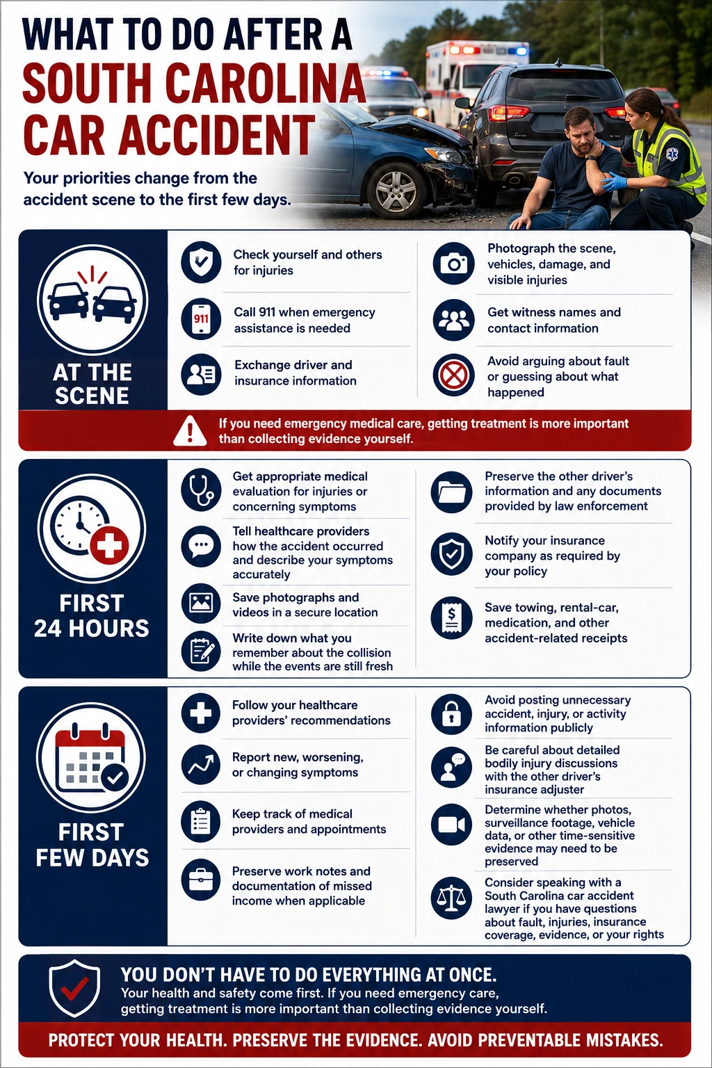 Steps to take after a South Carolina car accident: check for injuries, call 911 when needed, photograph the scene, exchange driver and insurance information, get witness contacts, seek medical care, preserve records, notify your insurer, follow treatment, and protect time-sensitive evidence.