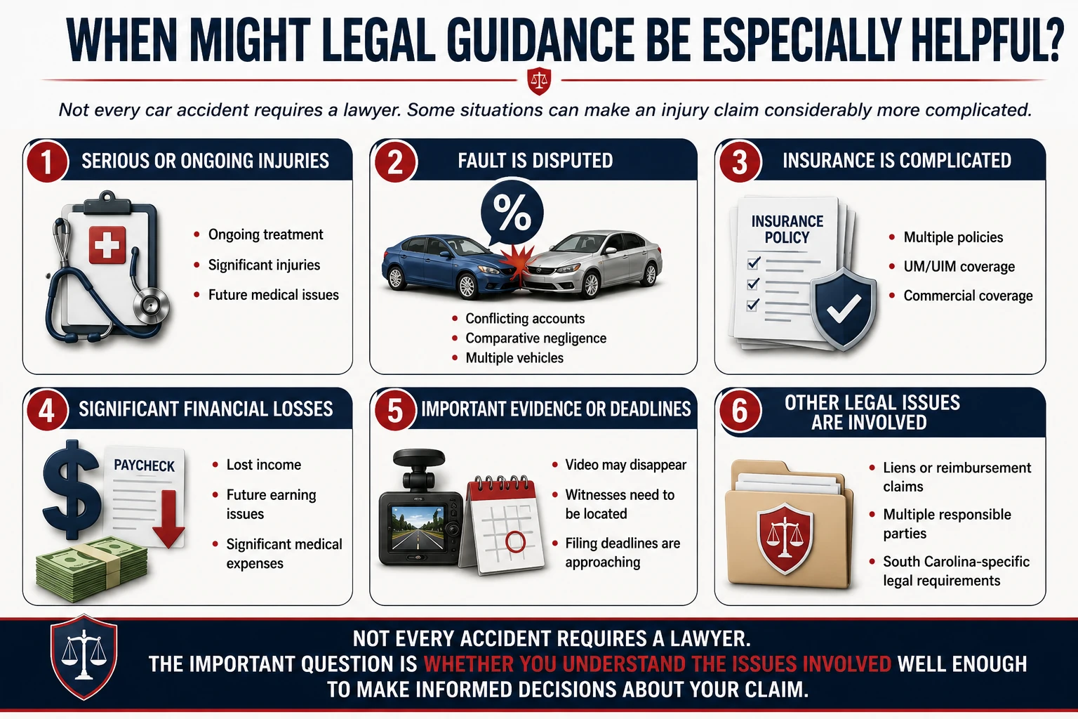 Situations when legal guidance may be especially helpful after a car accident, including serious injuries, disputed fault, complicated insurance coverage, significant financial losses, important evidence or deadlines, and other legal issues.