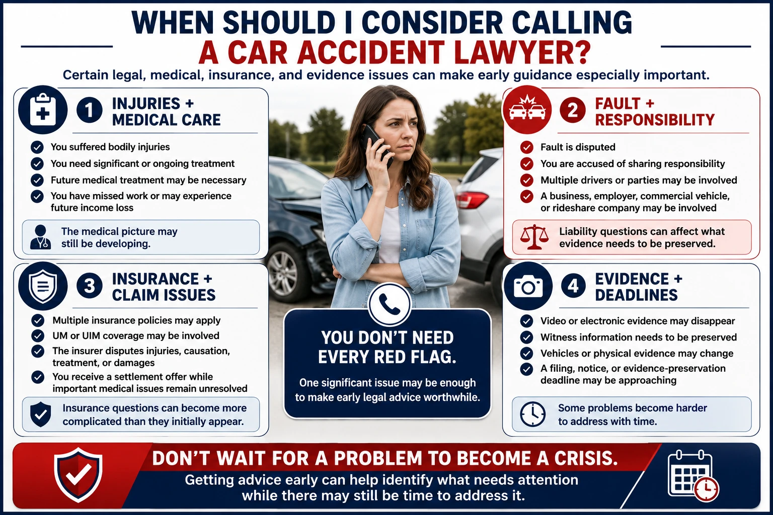 Situations when you may consider calling a car accident lawyer, including injuries requiring medical care, disputed fault or shared responsibility, multiple parties, insurance or coverage issues, and evidence or legal deadlines that may require prompt attention.