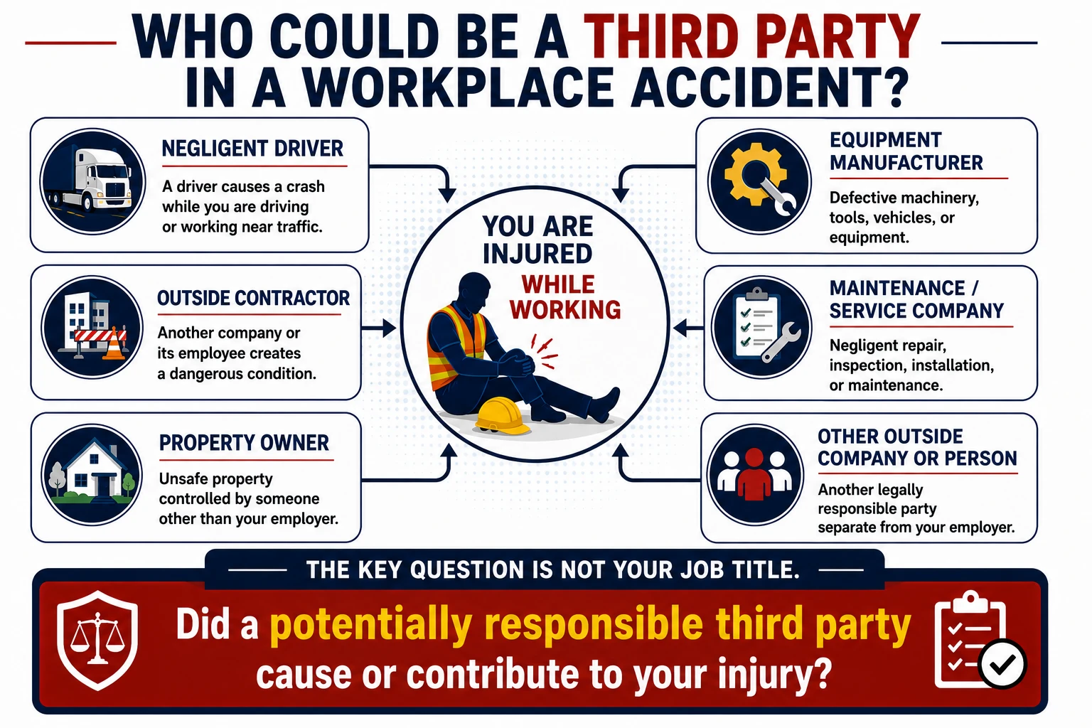 Comparison of a South Carolina workers&rsquo; compensation claim and a third-party injury claim, including fault requirements, medical treatment, wage benefits, pain and suffering, and potential overlapping claims.